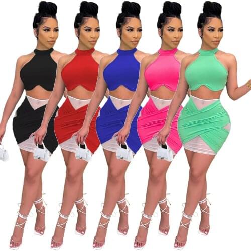 Adogirl Women Summer Two Piece Dress Set Halter Racerback Tank Crop Top Sheer Mesh Patchwork Cross Bodycon Mini Skirt Suit