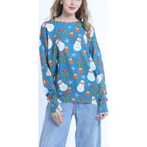 2021 Autumn New Women Sweater Top Loose Large Size Pullover Sweater Cartoon Printing Fashion Trend Women Top Blue X147