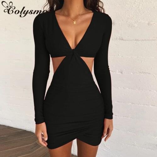 Colysmo Stretch Sexy Dress Women Long Sleeve Deep V Neck Hollow Out Party Dress Elegant Black White Bodycon Mini Bandage Dresses