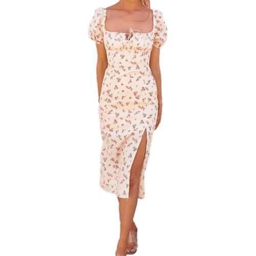 2021 New Summer Skirt European And American French Long Skirt Retro Square Neck Puff Sleeve Floral Slimming Split Dress Female