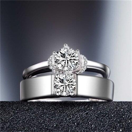 1pair Zircon Crystal Lover Rings Jewelry Adjustable Couple Wedding Engagement Open Rings For Women And Men