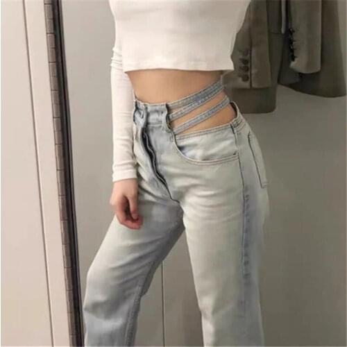 2020 Vintage Loose Hollow Out High Waist Wide Leg Jeans Women Full length Denim Pants Buttons Fly High Waist Denim Trousers