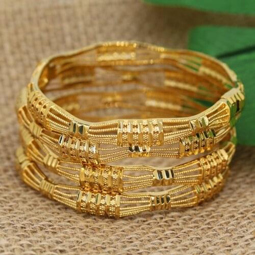 4pcs/lot 24K Dubai Bangles For Women Saudi Arabia Africa Fashion Gold Color Ethiopian Bride Wedding Bracelet Jewelry Gifts