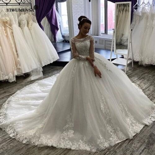 White Tulle Long Sleeves Robe De Princesse Femme Wedding Dress Bohemian Scoop Neck Lace Appliques Sparkly Tulle Bridal Ball Gown