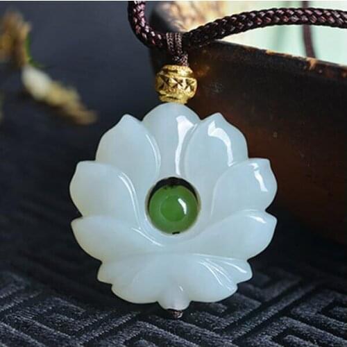 Natural HeTian Lotus flower jade pendant sweater chain necklace free shipping