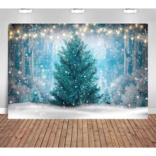 Winter Snowflake Photography Backdrop for Photo Studio Blue Christmas Portrait Background Photocall Bokeh Glitter Pine Forest