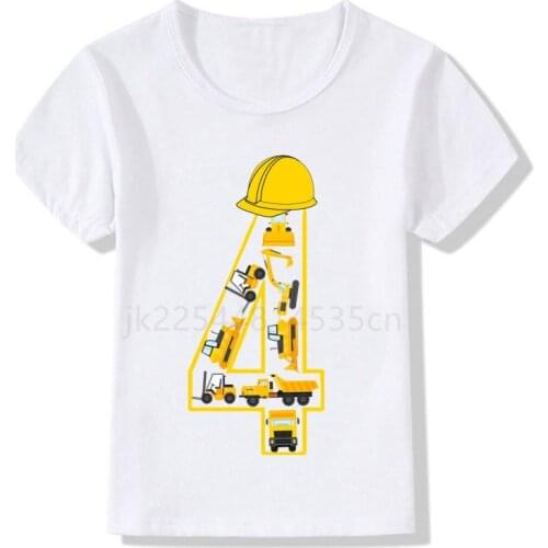 2-6 Excavator Forklift Birthday Number Print T-shirt Child Police Car Birthday Boy T-shirt Boy Girl Funny Gift T-shirt