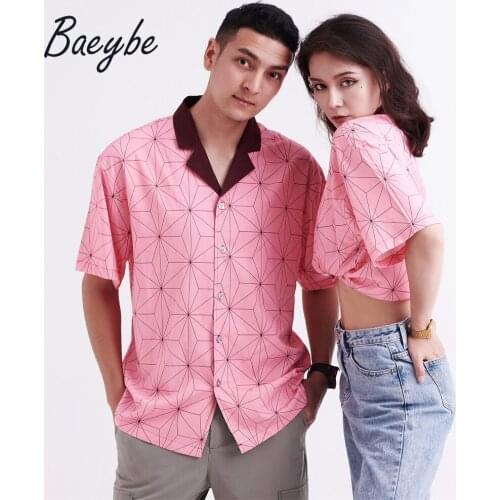 Hot sale couples matching clothing set geometirc casual hawaiian shirt printed button up turn-down collar short sleeve Stylish