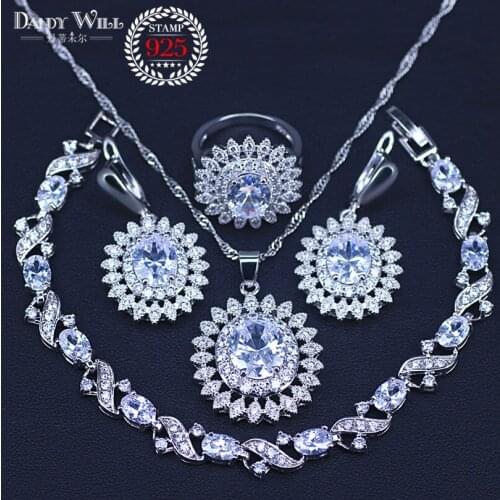 Trendy Flower White Cubic Zirconia Silver Color Jewelry Sets For Women Wedding Earrings/Pendant/Necklace/Bracelet/Ring