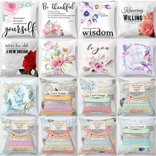 Beauty roses flowers mix words vintage typewriter pillow cases velvet high quality square thick pillow case covers 45cmby45cm