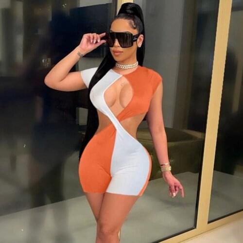 Summer Hollow Out Shorts Sexy Jumpsuit Women Color Patchwork Rompers Womens Jumpsuit Criss-cross Party Club Bodycon Jumpsuit