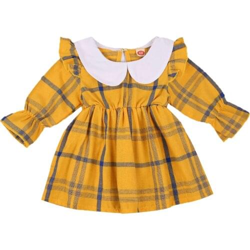 Little Girl’s Fashion Long-sleeved Dress Fresh Plaid Doll Collar Children Princess Dress Yellow Summer Dress 2021