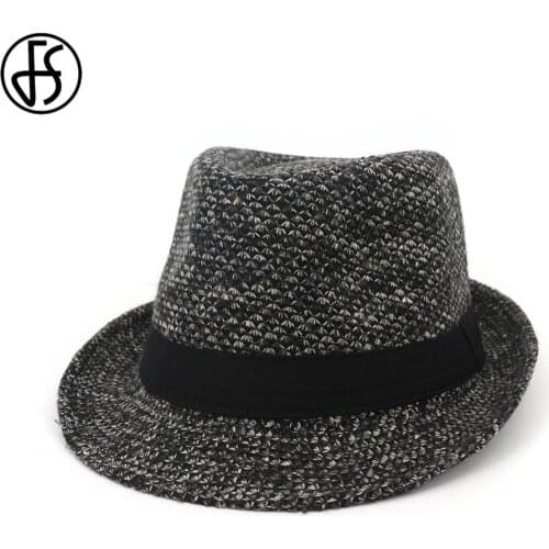 FS 2020 New Black Fedora Hats For Men Chapeu Masculino Panama Winter Autumn Khaki Wool Felt Trilby Jazz Caps Gangster Hat