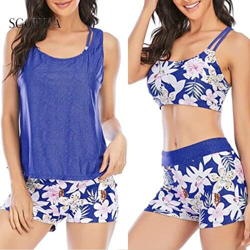 2021 New Print Sport 3 Piece Swimsuit Female Push Up Bikinis With Vest Women Plus Size 3XL High Waist Bathing Suit Beach Wear
