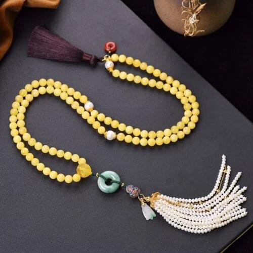 Natural Raw Ore 108 Beeswax Necklace for Women Girls Sweater Chain, Rich and Light Luxury Pearl Tassel Jade Donut Pendant