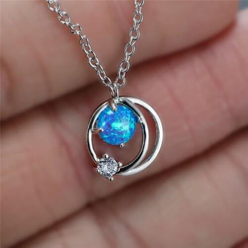 White Blue Small Round Opal Pendant Necklace Vintage Hollow Moon Necklace Fashion Silver Color Chain Necklaces For Women Wedding