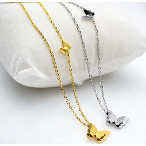 Pink gold color stainless steel scrub double butterfly necklaces & pendants, fashion choker necklace women collier femme jewelry