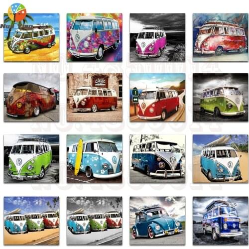 Full Round Diamond Mosaic Color Autos Full Round Diamond Embroidery Cartoon Car DIY 3D Diamond Painting Cross Stitch Ancient Bus