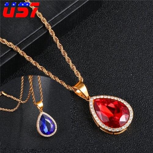 US7 Water Shape Red Blue Crystal Pendants Luxury Necklaces Women Stainless Steel Crystal Wedding Women Men Jewelry