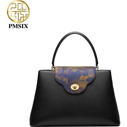 PMSIX Fashion Genuine Leather Bags for Women 2020 New Embroidery Messenger Bag Black Shoulder Portable Large Capacity Tote Bag