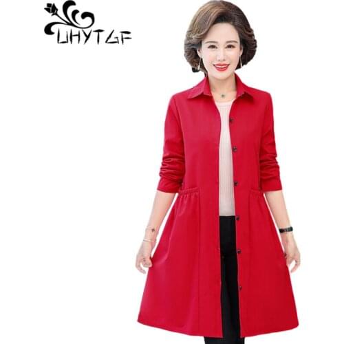 UHYTGF Spring Autumn Trench Coat Women Mid-Length Long-Sleeved Elegant Thin Windbreaker Female Casual 5XL Plus Size Outwear 1520