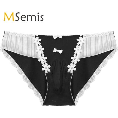 Mens Lingerie Sissy Underwear Flower Embroidery Lace Trim Briefs Panties Low Waist Bulge Pouch Elastic Waistband Underpants