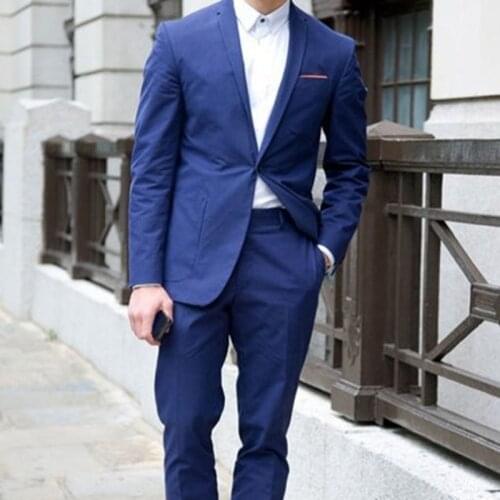 2021 Spring Autumn Custom Fashion Gentleman Blue Lapel Men Suits Slim Fit For Wedding Dress Beach Party Sets (Jacket + Pants)