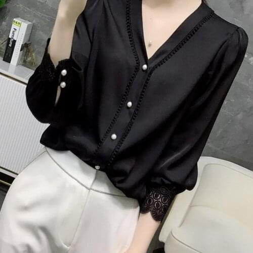 Womens Spring Autumn Style Chiffon Blouse Shirt Womens Solid Color Three Quarter Sleeve V-Neck Lace Casual Tops SP1377