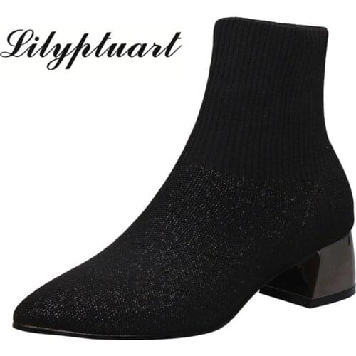 2019 European and American style knitted wool material elastic booties pointed thick with beef tendon soles winter boots women