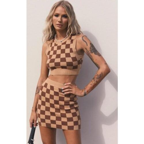 2021 Women Summer Autunmn Plaid knitted Tank Vest Skirt Jupes Elastic Waist A Line Skirts Sexy Slim Two Pcs Sets Womens Outfits