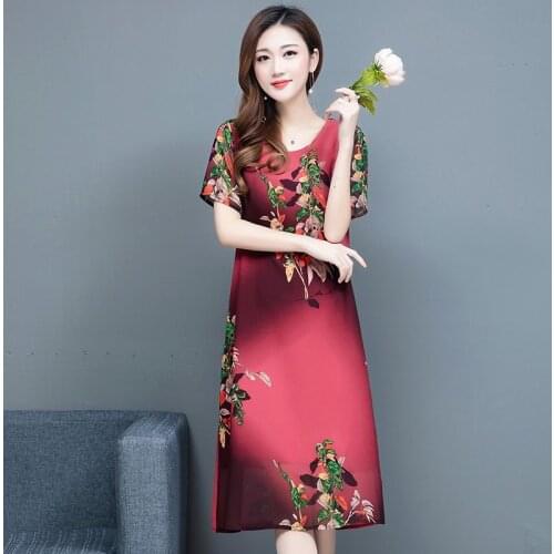 Middle Aged Women Ice Silk Dress 2021 Summer Vintage Loose Fashion Casual Short Sleeve O Neck Print Midi Dresses Vestidos X38