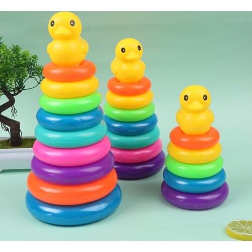 1Pc Childrens Little Yellow Duck Jenga Rainbow Tower Stacking Circle Baby Early Childhood Education Puzzle Ring Toy Kids Toys