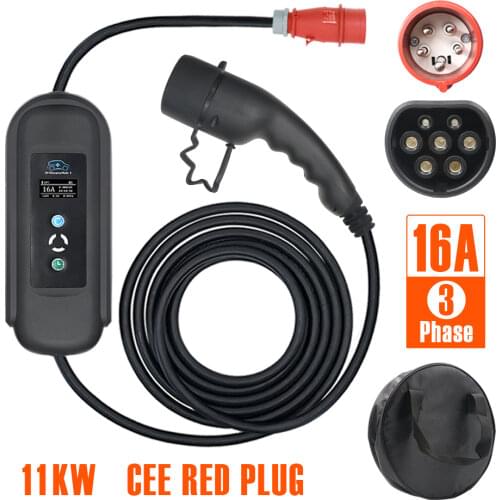 16A 3PhaseWallbox EVSE 11KW Electric Vehicle Type 2 EV Charger IEC 62196-2 Adjustable 5M Cable Portable Fast Charging