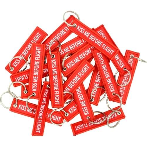 20pieces size7.7*2cm Keychains Aviation gift KISS ME BEFORE FLIGHT Warning Pendant duplex Woven label car Key chains