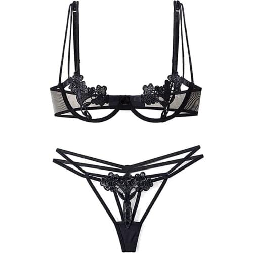 French Sexy Hollow Embroidery Perspective Super Push Up Pop Up Bra Temptation Taste Underwear Ultrathin Bras Thong Lingerie Set