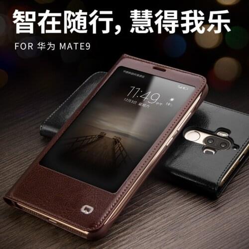 For Huawei Mate9 Genuine Leather Cover intelligent window Flip Smart Phone Case Original Qialino Brand For Huawei Mate 9 5.9