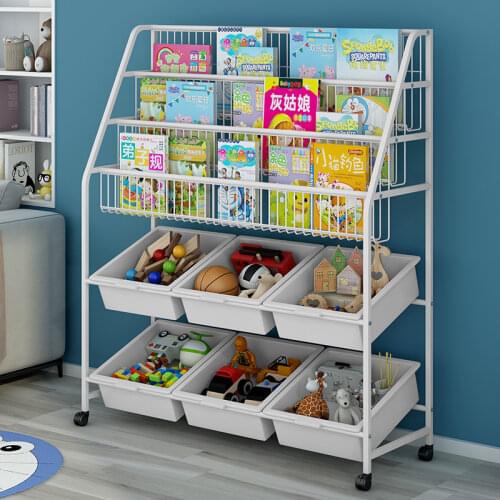 92cm Children Bookshelf Toy Storage Baby Induction Shelf Organizing Storage Rack with Wheels Movable Shelves