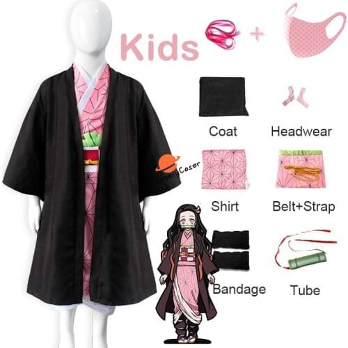 Kids Kamado Nezuko Demon Slayer Cosplay Costume Anime Kimetsu no Yaiba Cloak Suit Props Party Children Kimono Uniform Girl Dress