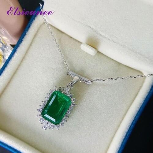 ELSIEUNEE 100% 925 Sterling Silver Emerald Simulated Moissanite Pendant Necklaces for Women Anniversary Fine Jewelry Wholesale