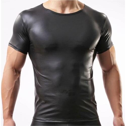 Sexy Men Casual ClothesLeather T-Shirts Men Sexy Fitness Tops Gay T-shirt Tees Mens stage T-shirt O-Neck Sweatshirt
