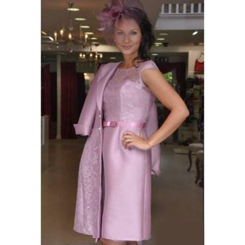 2020 Lace Blush Pink Mother of the Bride Dress Long Sleeveless Sash Bow Plus Size with Jacket Knee Length