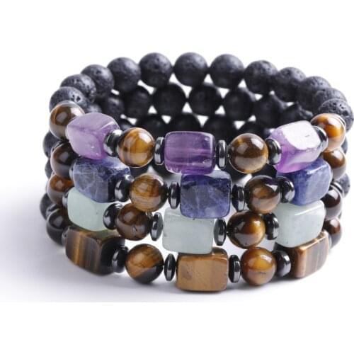 Healing Jewelry Natural Stone Bracelets Square Rock Quartz Black Lava Tiger Eye Amethysts Purple Crystal Bracelets for Women Men