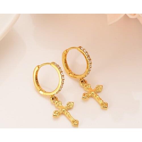 Minimalist gold Round Circle Earrings cz crystalReligious Cross Pendant Drop Dangle Earring For Women Ear Piercing Jewelry gifts