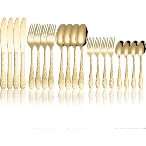 20pcs Gold Dinnerware Set Stainless Steel Tableware Set Knife Fork Spoon Flatware Set Snake Skin Water Cube Western Cutlery Set