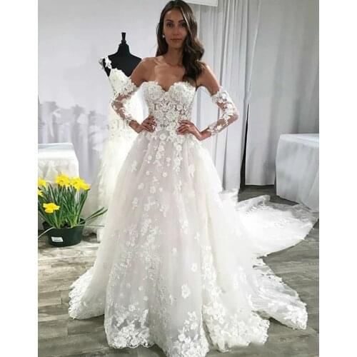 Charming Long Sleeves Lace Wedding Dress Tulle Sweetheart Sexy Backless Bridal Gown Appliques Custom Made