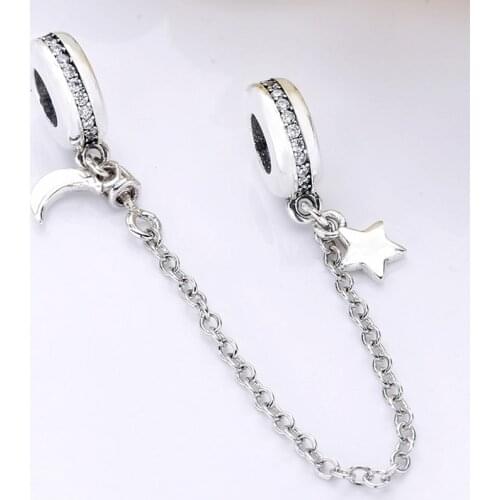 Original Sparkling Moon & Star With Crystal Safety Chain Beads Fit 925 Sterling Silver Bead Charm Europe Bracelet Diy Jewelry