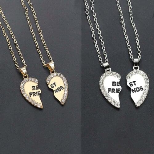 Unisex 2 Pcs BFF Necklace Women Crystal Heart Pendant Best Friend Letter Necklace Fashion Couple Necklace Men Friendship Jewelry