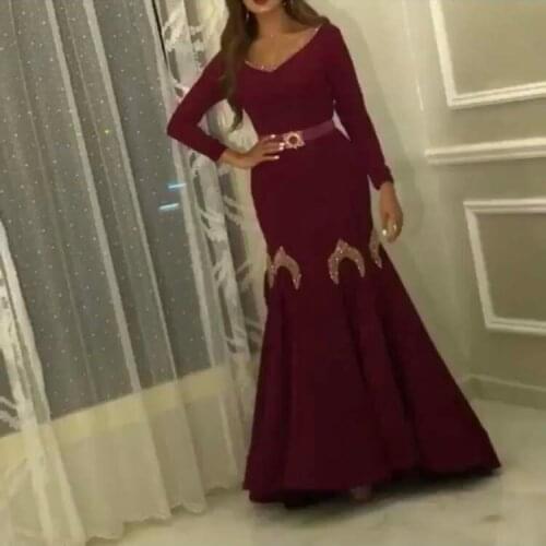 Arabian Design V Neck Beaded Gold Stones Long Sleeve Mermaid Prom Dresses