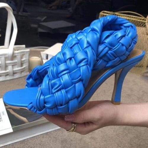 Cross Tied Woven Leather Slip-on Sandals Peep Toe Padded Bread Band High Heels Women Shoes Two Wear Summer Party Runway Sandals