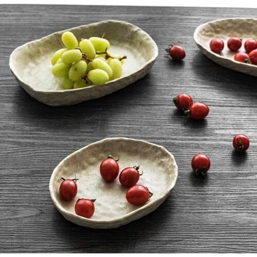 Japanese Retro Stoneware Tableware Western Steak Salad Plate Rice Bowl Household Kitchen Retro Ceramic Hand-kneaded Dessert Bowl